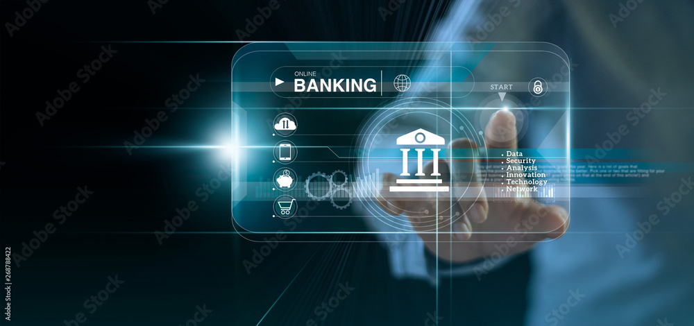 Businessman touching icon online banking and icon network connection, online payments, shopping and digital technology business on virtual screen dark blue background